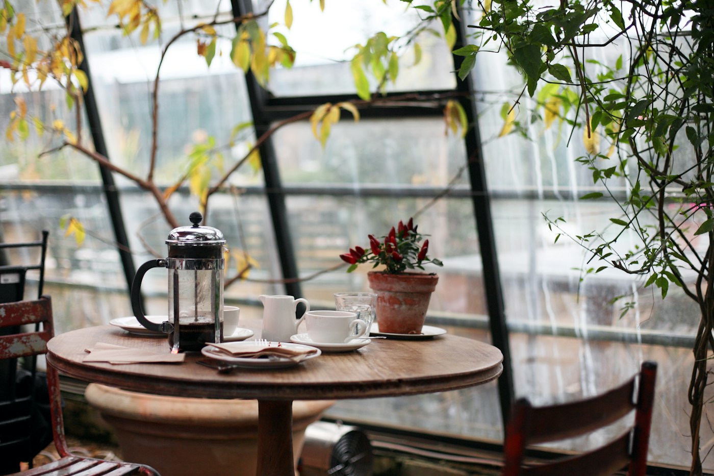A warm café table set for coffee and conversation