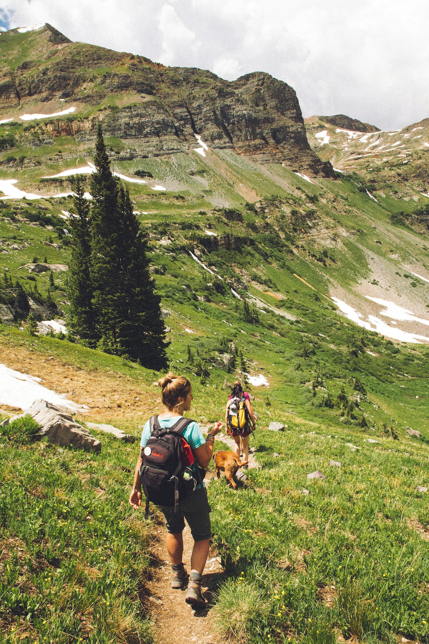 Two friends walking a green hillside trail together